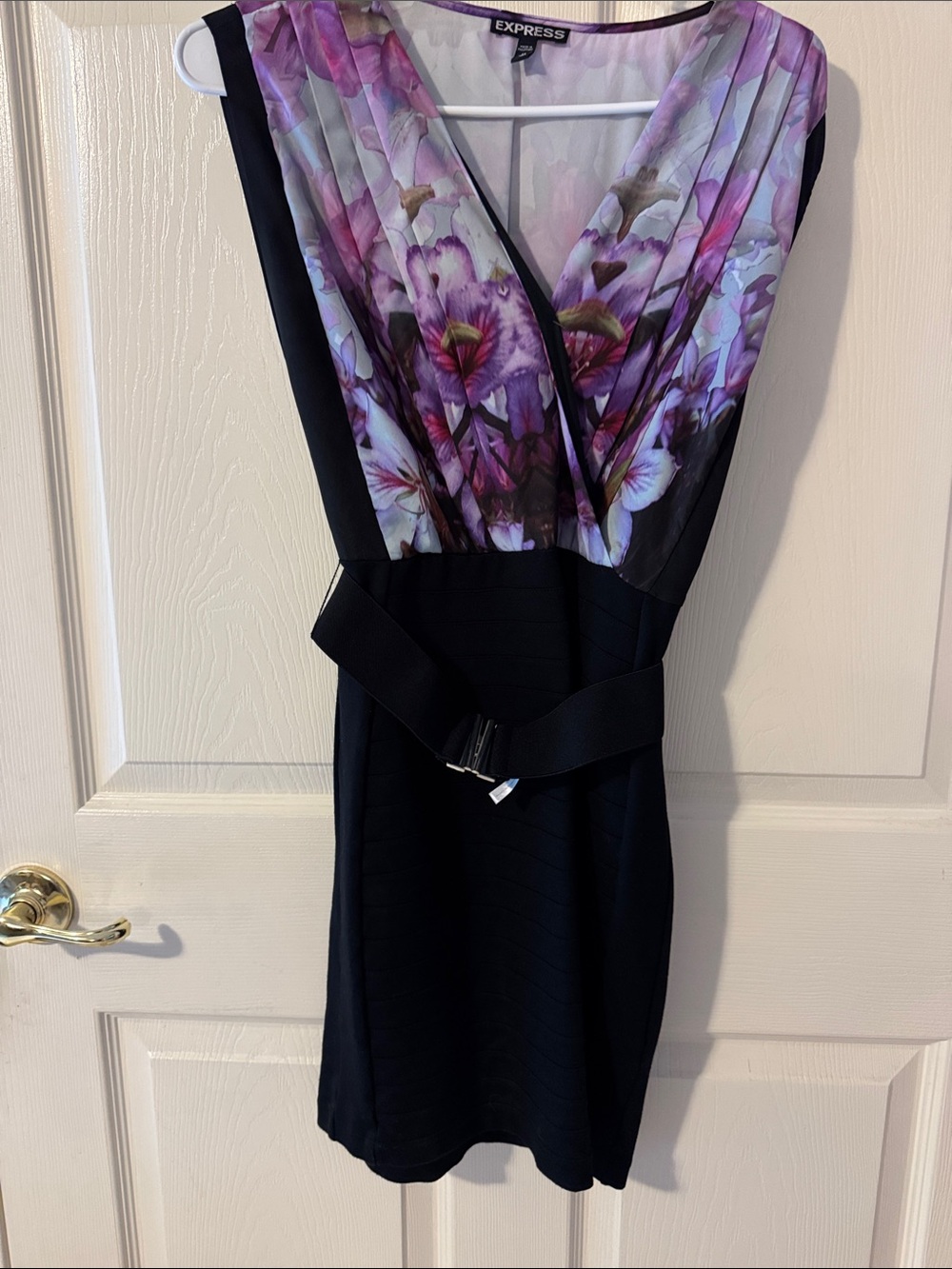 Express Black Mini Dress with Purple Floral V-Neck